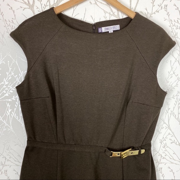 JENNIFER LOPEZ Ethereal Beauty Wild Brown Sheath Dress NWT Size 16 Gold Buckle - Picture 3 of 10